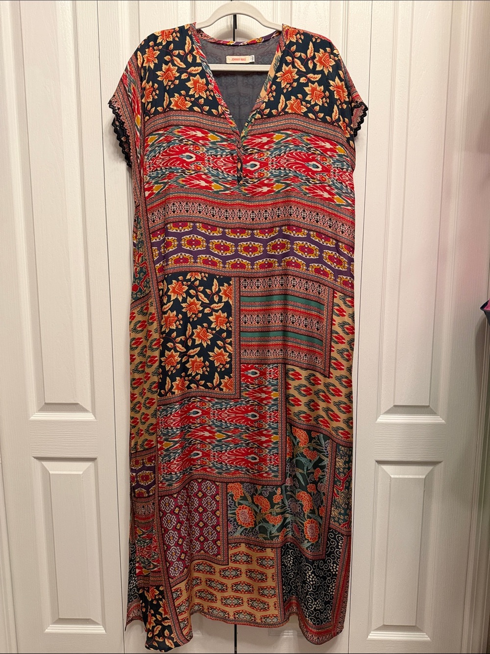 Johnny Was Red and Charcoal Silk Boho Patchwork V-Neck Maxi Dress - Multicolor